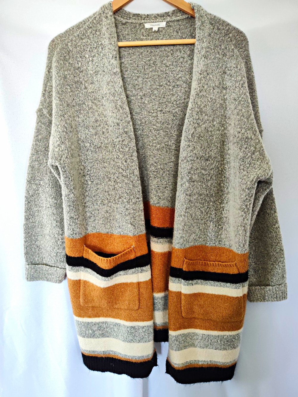90's Grunge Gray Striped Knit Longline Open Front Cardigan Sweater Pockets M